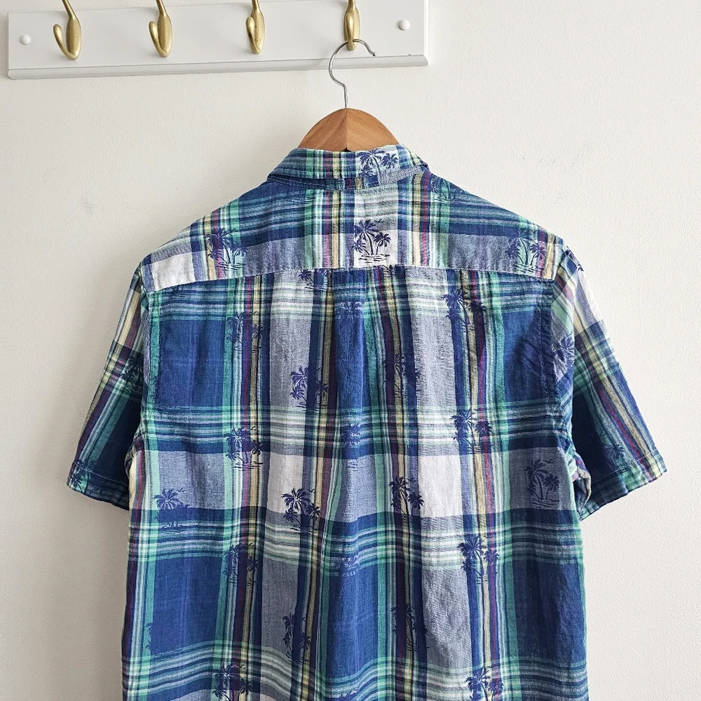 VTG Ralph Lauren Plaid Palms Short Sleeve Button Down Shirt Blue Green Youth XL